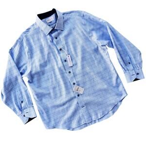 Lorenzo Uomo Men's Light Blue Check Print Cotton Trim Fit Dress Shirt Size 34/35